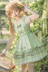 Green Multi-layer Print Ruffle Bowknot Country Style Sweet Lolita Jsk Dress (With Apron)
